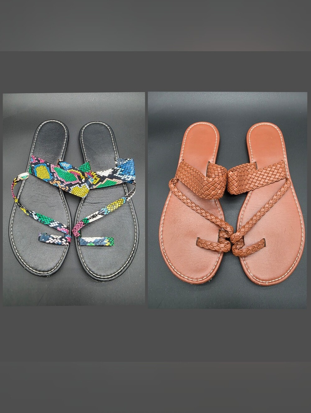 2 pair Women’s Black Sandals with Multicolor Snake-Print Straps sz 11